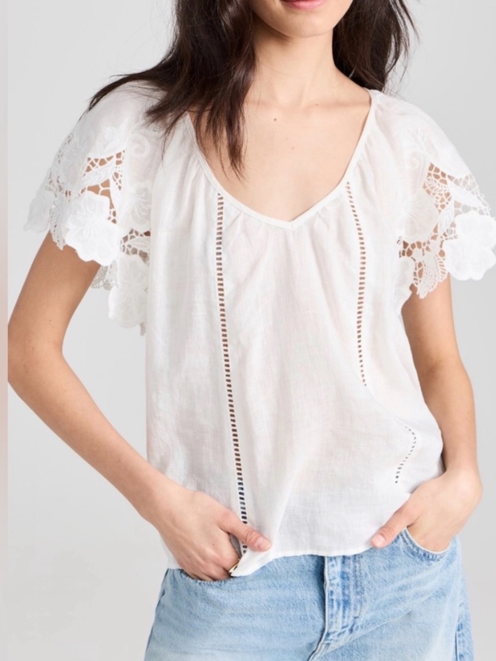Ramy Brook Hillary Lace Sleeve Linen Top, White